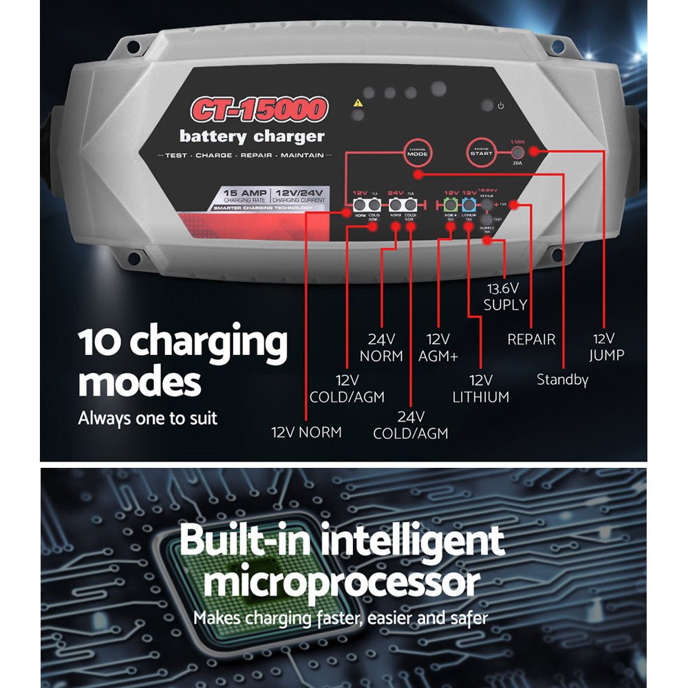 Smart Battery Charger 15A 12V 24V Automatic SLA AGM Car Truck Boat Motorcycle Caravan