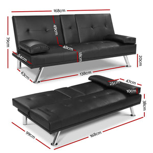 Leather Futon Sofa Bed Couch - 3 Seater