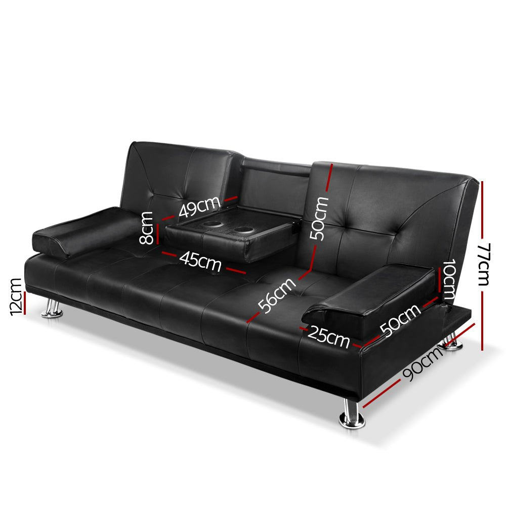 Black 3 Seater PU Leather Sofa Bed