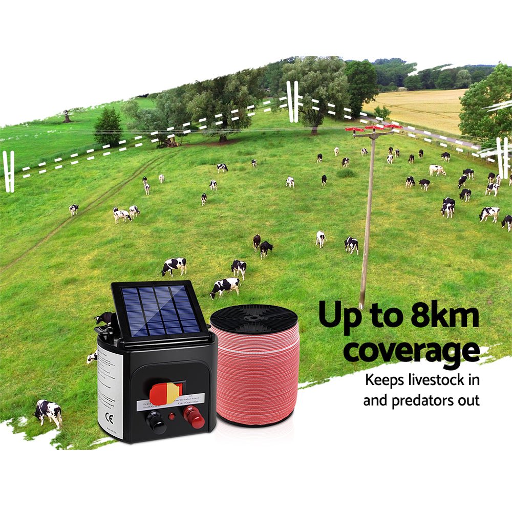Giantz Electric Fence Energiser 8km Solar Powered Energizer Charger + 1200m Tape - The Hippie House