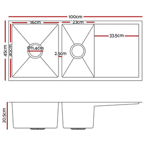 100cm x 45cm Stainless Steel Kitchen Sink | Under/Top/Flush Mount | Black