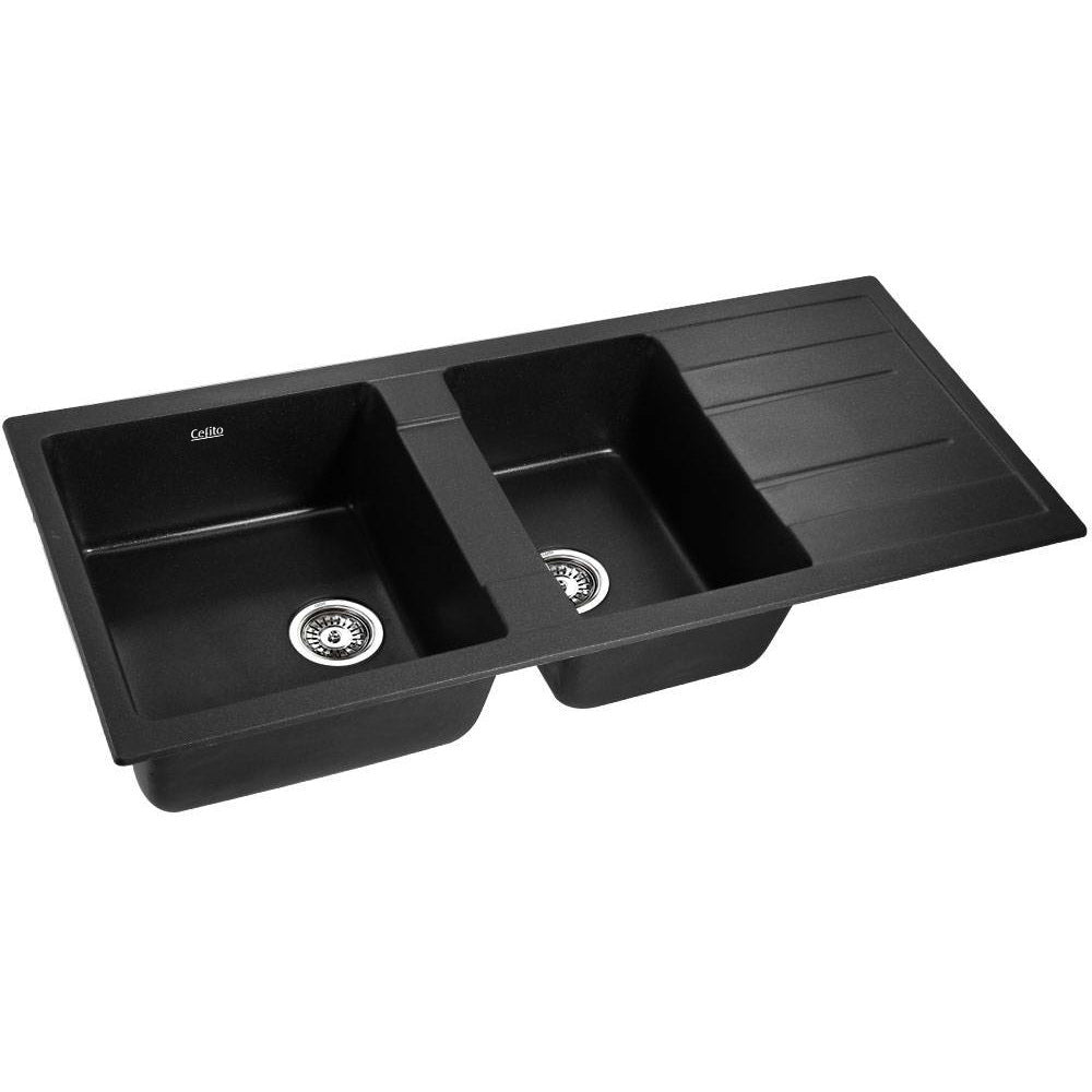 Stone Kitchen Sink | 1160x500mm | Granite Under/Topmount | Double Bowl | Black
