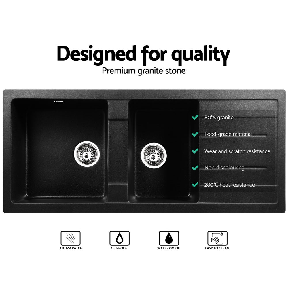 Stone Kitchen Sink | 1160x500mm | Granite Under/Topmount | Double Bowl | Black