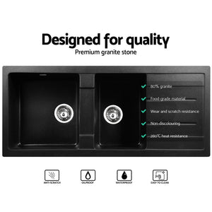 Stone Kitchen Sink | 1160x500mm | Granite Under/Topmount | Double Bowl | Black