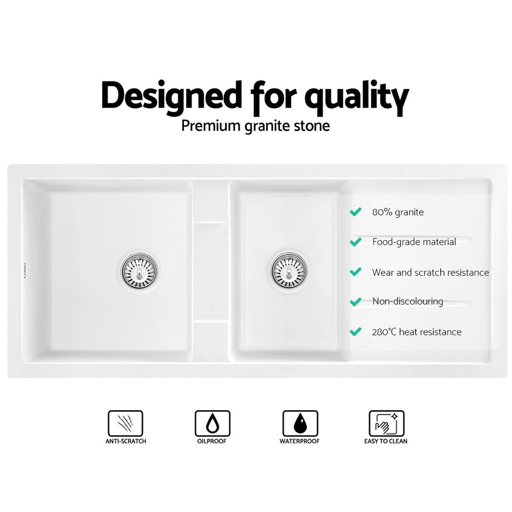 Cefito Stone Kitchen Sink - Double Bowl Granite Under/Topmount 1160x500mm | White