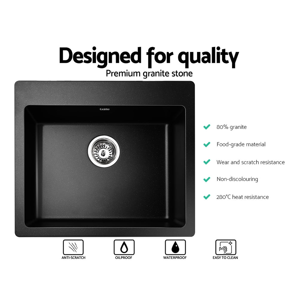 Stone Kitchen Sink | 570x500mm | Granite Under/Topmount | Bowl Laundry | Black