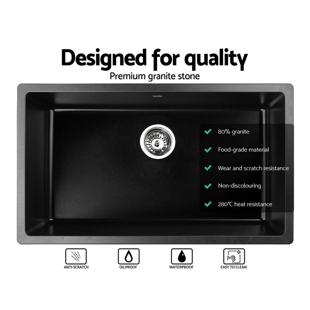 Granite Kitchen Sink | 790X450MM Under/Topmount Basin Bowl Laundry | Black
