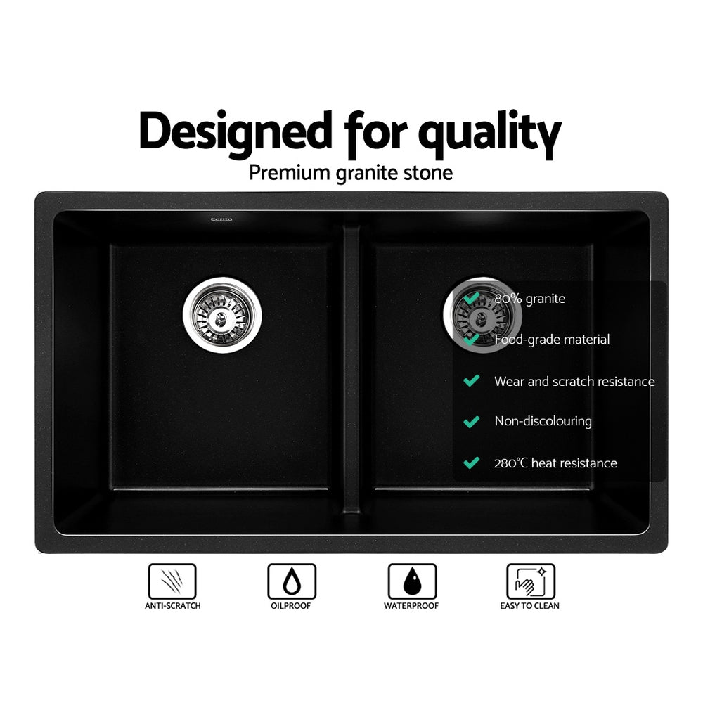 Granite Kitchen Sink | 790X460MM Under/Topmount Basin Double Bowl | Black