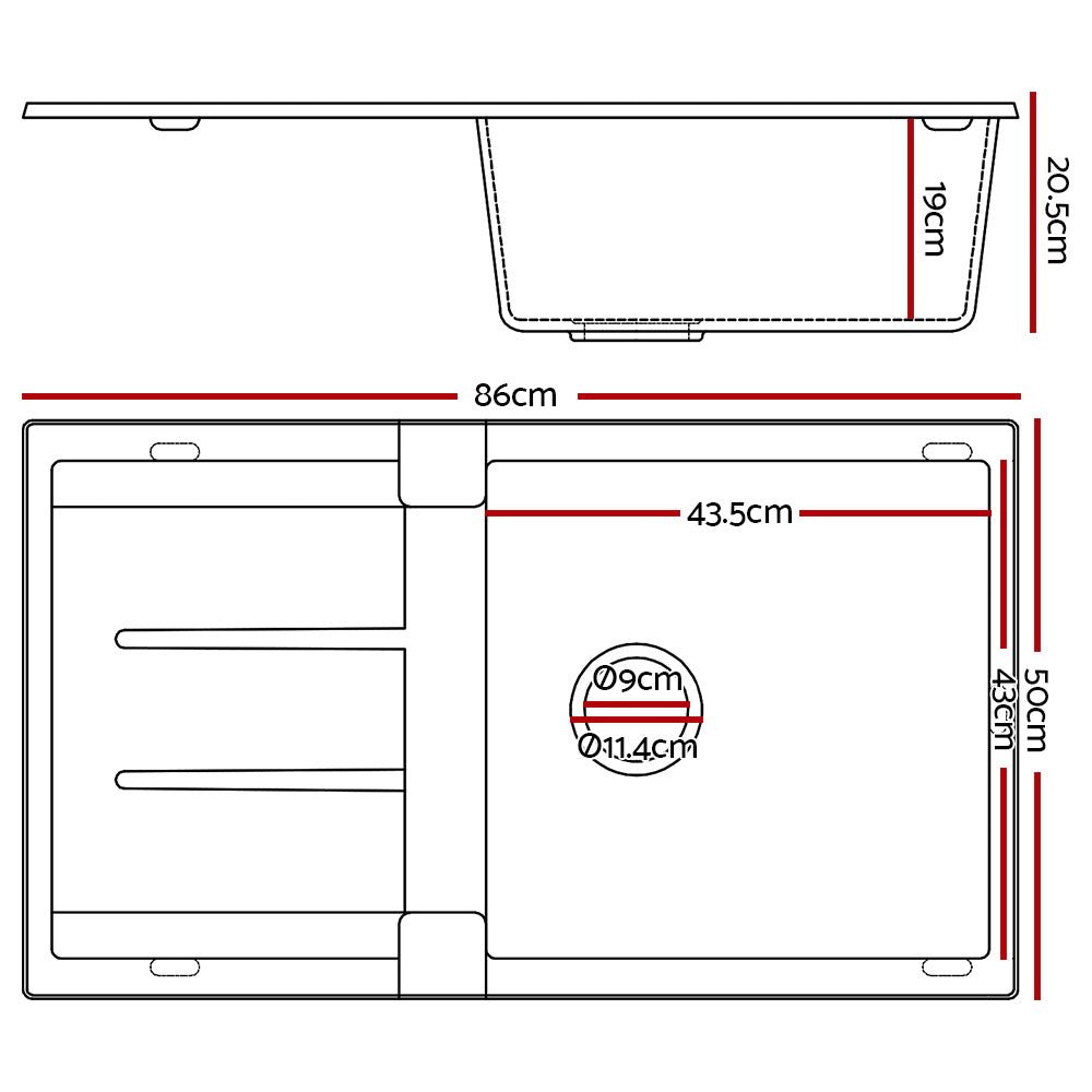 Granite Kitchen Sink | 860X500MM Under/Topmount Basin Bowl Laundry | Black