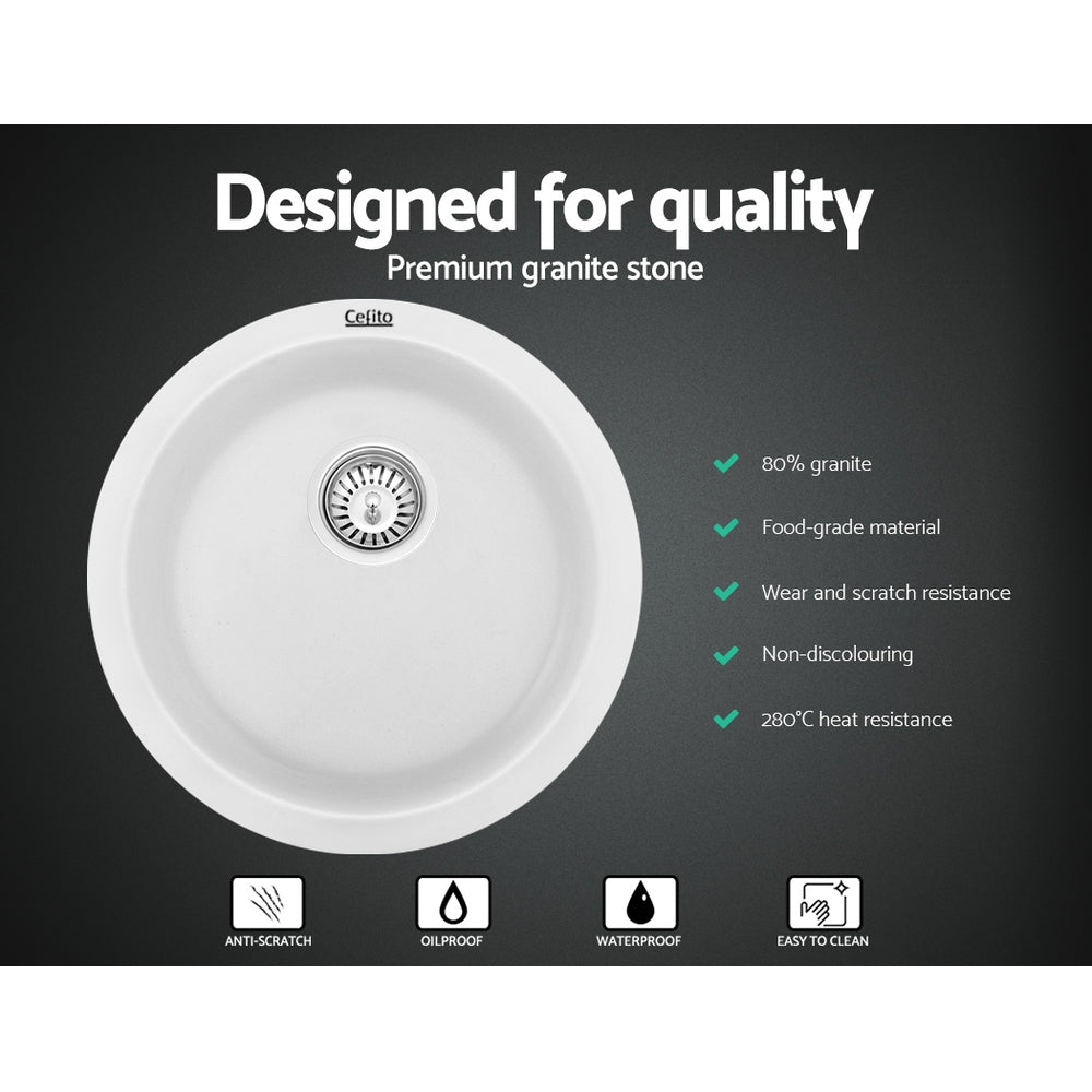 Cefito Stone Kitchen Sink - Round 430mm Granite Under/Topmount | White