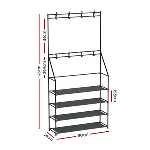 Artiss Shoe Rack Coat Hat Stand Hallway Shoes Storage Tree Metal Shelves Black