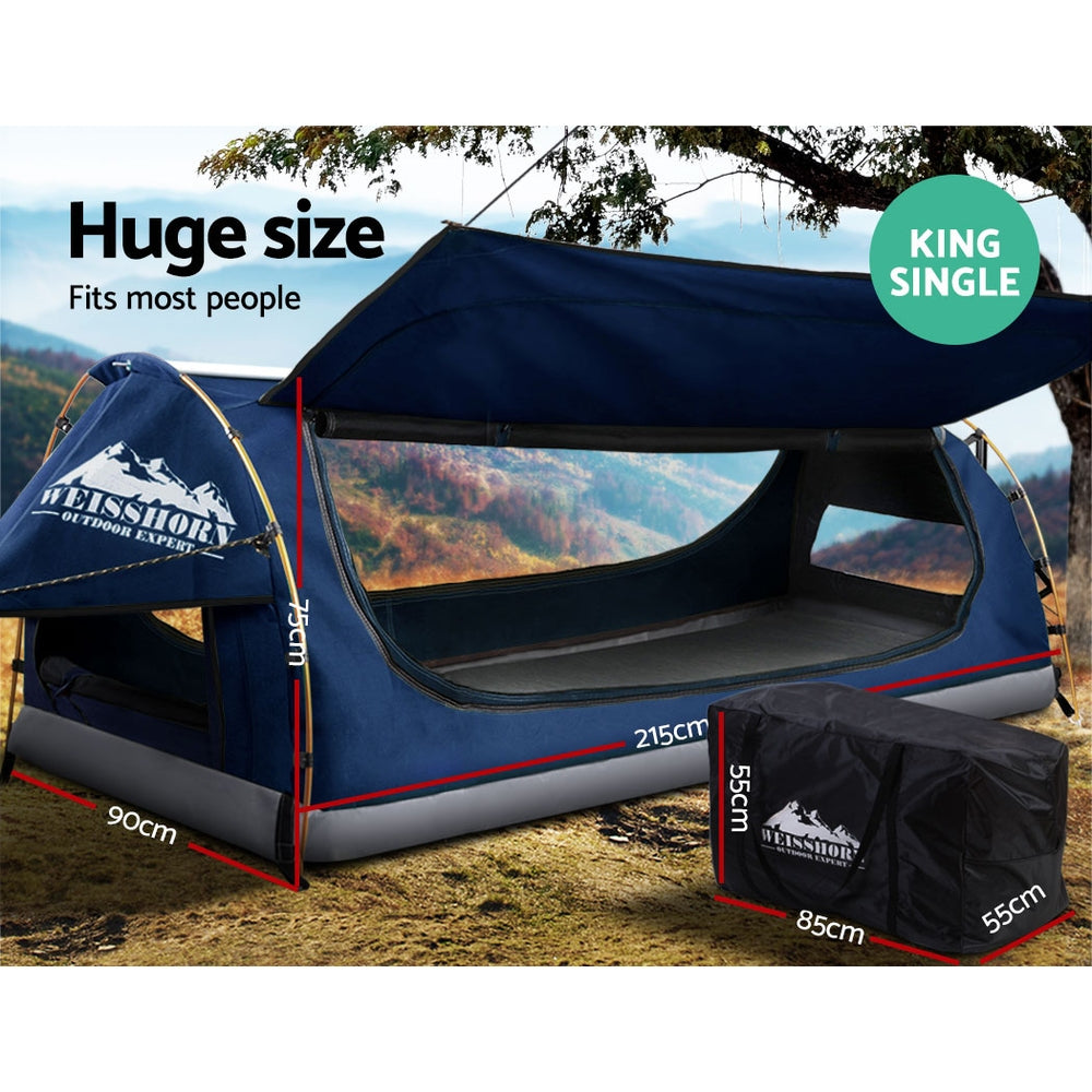 Weisshorn King Single Camping Canvas Swag | Free Standing | Blue Dome Tent