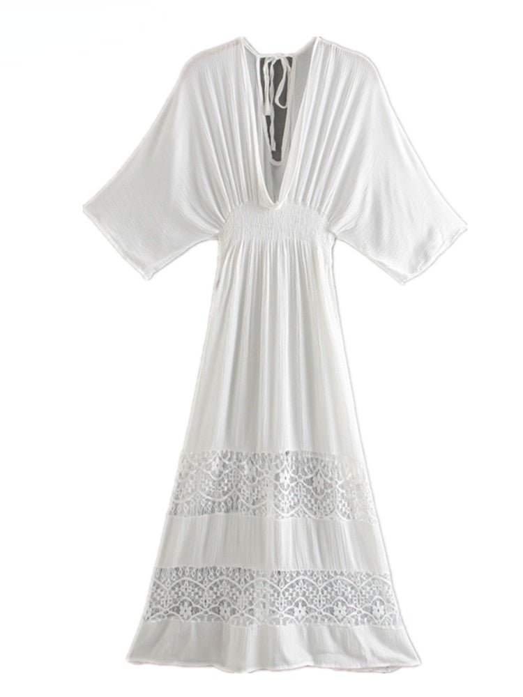Women's White Lace Bohemian Beach Maxi Dresses | S-L