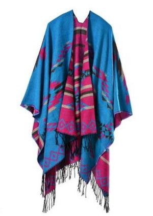 Ethnic Blanket Poncho With Tassels | Light Bluez | Free Size
