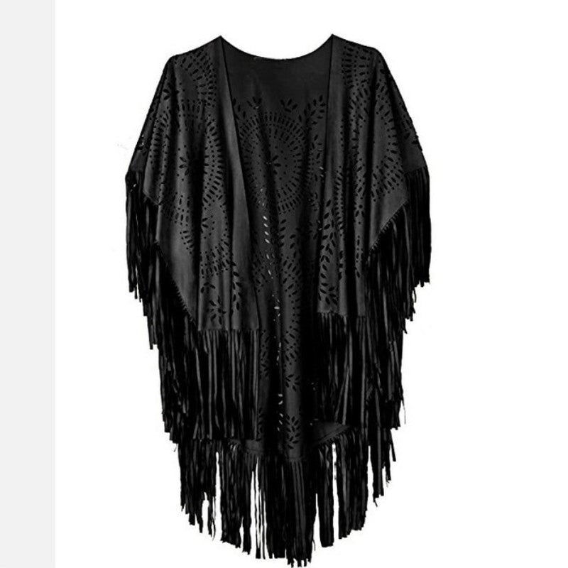 Women's Black Bohemian Cardigan Cloak With Tassels | Hollowed Out | Free Size
