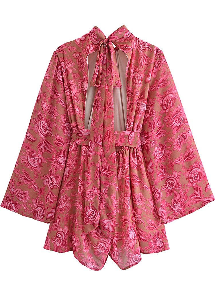 Vintage Backless Women's Flare Sleeved Romper | Red Floral Print | XS-2XL