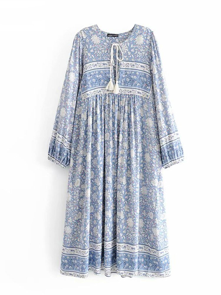 Light Blue Floral Vintage Styled Dress | Tassels + V-Neck | S-L