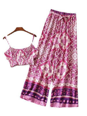 Women's Hippie Styled Two Piece Outfit | Sleeveless Top + Bohemian Pants | S-L | Various Colours
