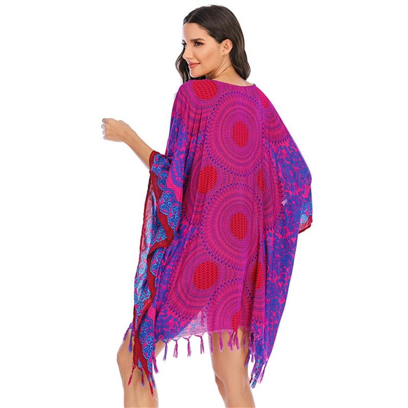 Boho Bikini Cover Up | Rose Red Bohemian Swimwear Beach Top | Free Size