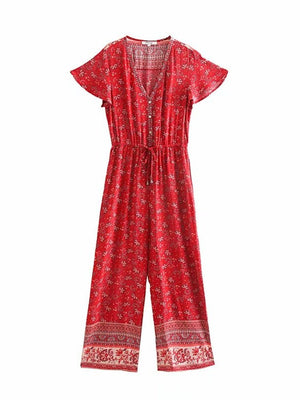 Women's Full Length Multi-Colour Floral Printed Boho Jumpsuit | Short Sleeve + V-neck | S-L