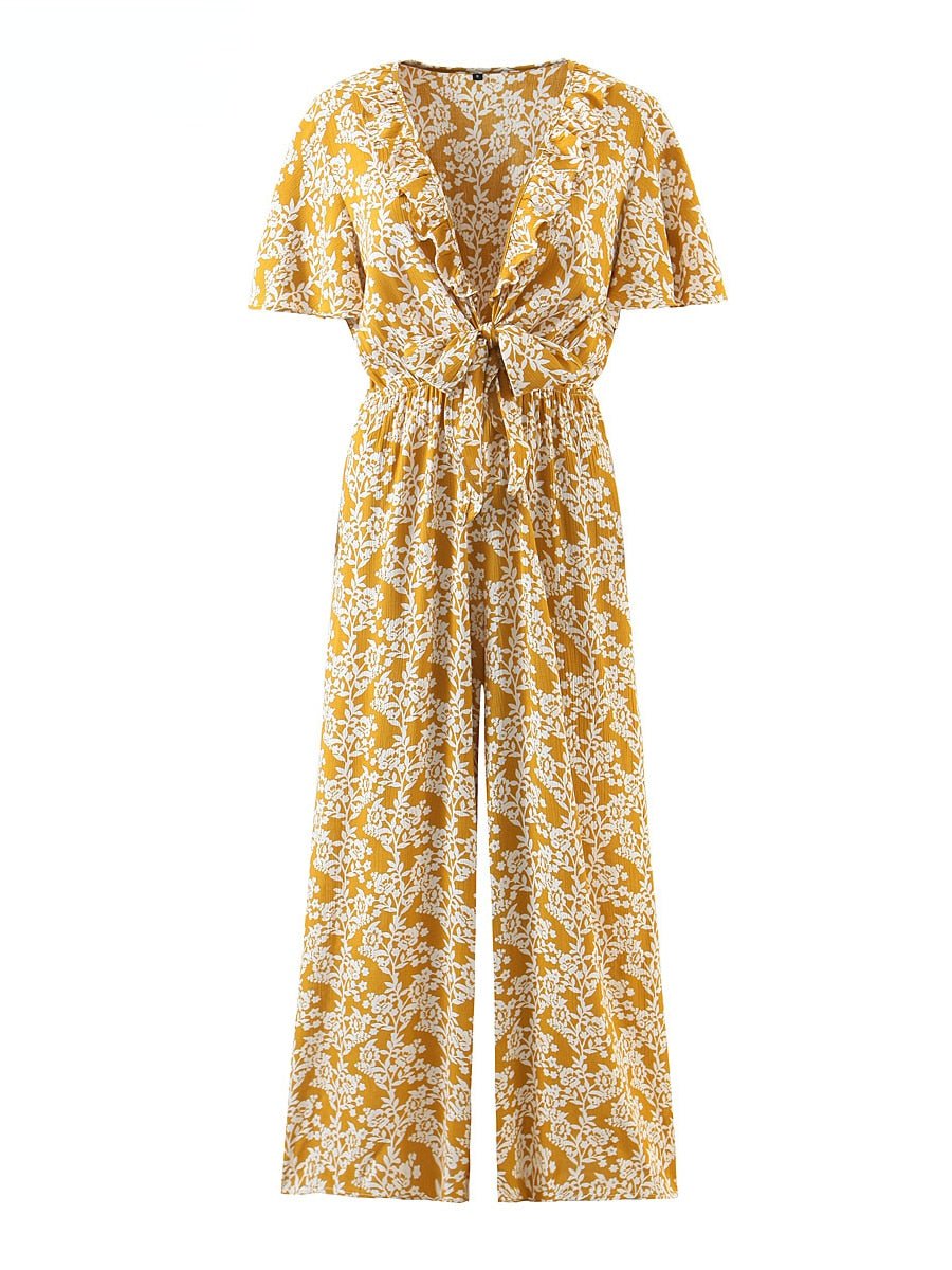 Women's Full Length Yellow Floral Printed Boho Jumpsuit | Short Sleeve + V-neck | S-L