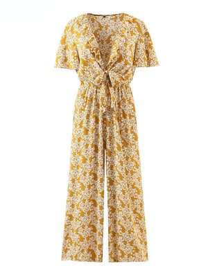 Women's Full Length Yellow Floral Printed Boho Jumpsuit | Short Sleeve + V-neck | S-L