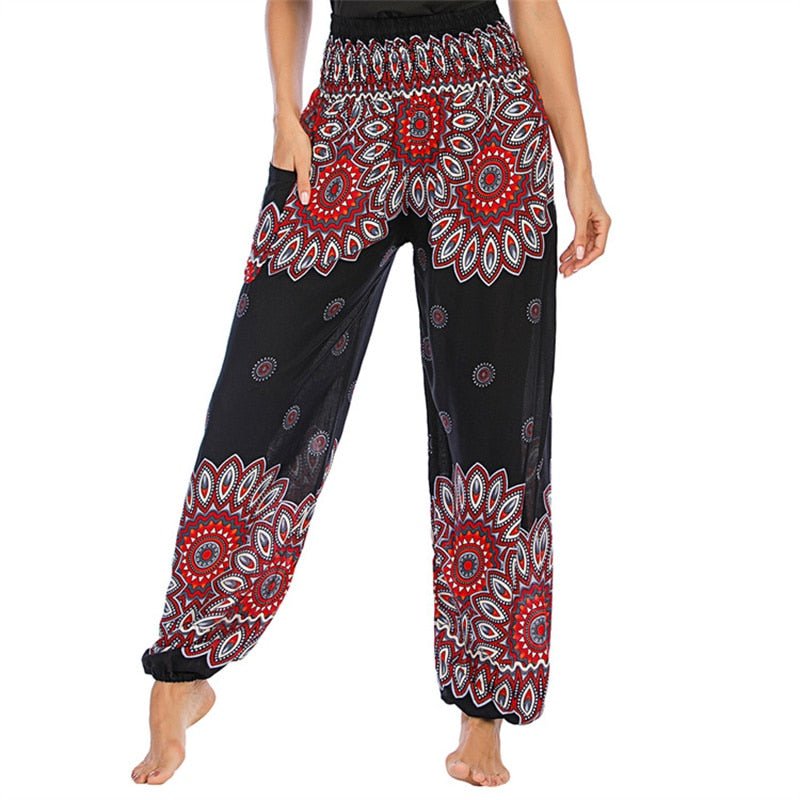 Women's Hippie Yoga Pants | Beautiful Black Flower Design | Free Size