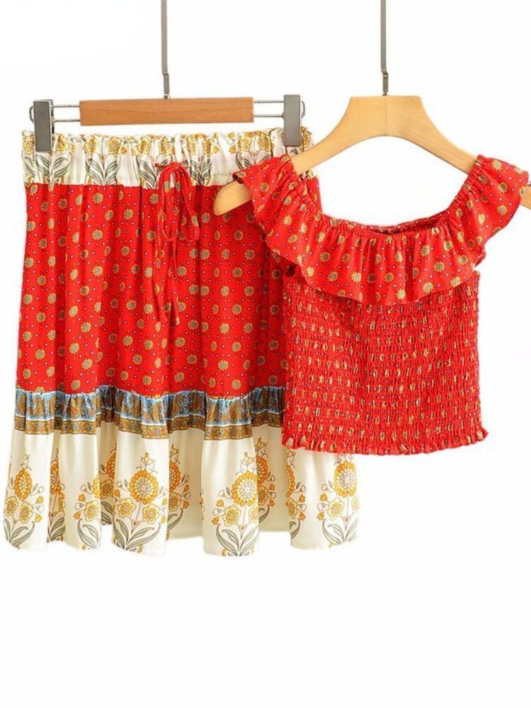 Women's Boho Off Shoulder Strapless Red Or Black Top With Matching Mini Skirt | Clothing Set | M-L