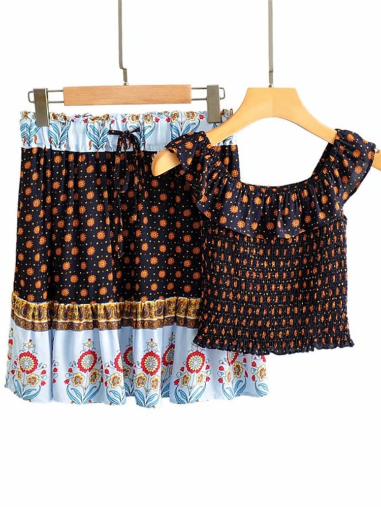 Women's Boho Off Shoulder Strapless Red Or Black Top With Matching Mini Skirt | Clothing Set | M-L