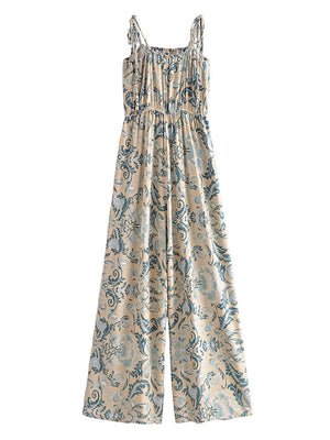 Women's Full Length Red Floral Printed Boho Jumpsuit | Strapless + V-neck | S-L