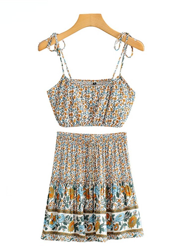 Women's Floral Bohemian Two Piece Outfit | Strapless Top + Mini Skirt | S-L | Various Colours
