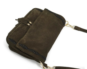 Genuine Leather Nubuck Loop Fringed Side Shoulder Bag - 2 Colours Available