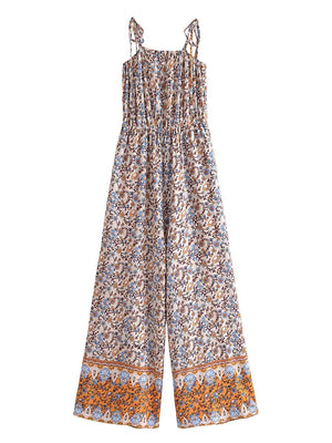 Women's Full Length Red Floral Printed Boho Jumpsuit | Strapless + V-neck | S-L