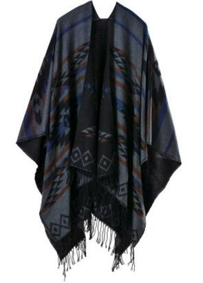 Ethnic Blanket Poncho With Tassels | Tibet Black | Free Size