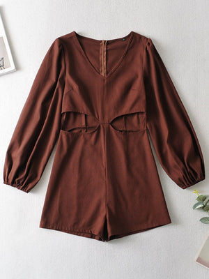 Women's Solid Linen Cotton Boho Romper | V Neck + Hollowed Out Waist | S-L