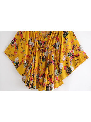 Women's Yellow Batwing Boho Dress | Deep V-Neck | S-L