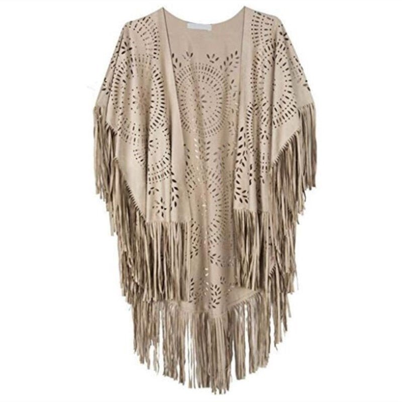 Women's Greyish Bohemian Cardigan Cloak With Tassels | Hollowed Out | Free Size
