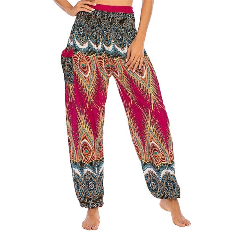 Women's Hippie Yoga Pants | Peacok Feather Design | Free Size