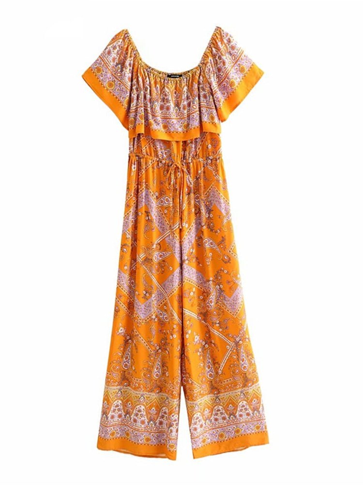 Women's Orange Floral Printed Sleeveless Boho Bodysuit Romper | S-L