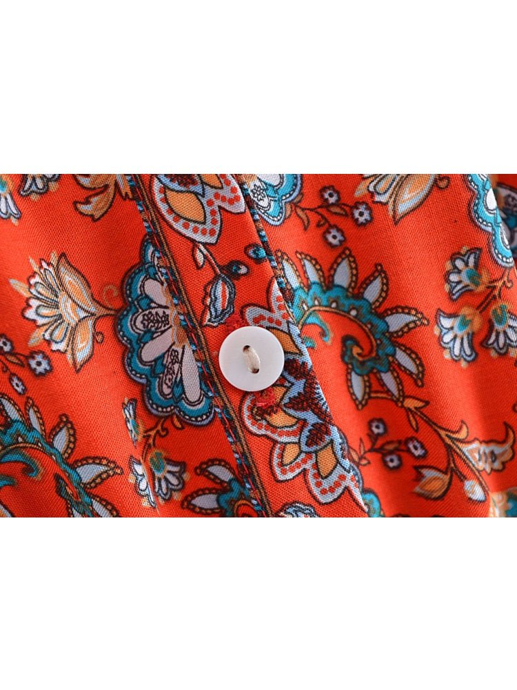 Women's Full Length Red Floral Printed Boho Jumpsuit | Short Sleeve + V-neck | S-L