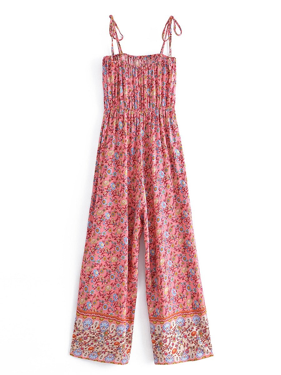 Women's Full Length Red Floral Printed Boho Jumpsuit | Strapless + V-neck | S-L