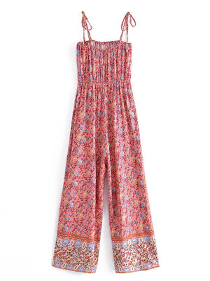 Women's Full Length Red Floral Printed Boho Jumpsuit | Strapless + V-neck | S-L