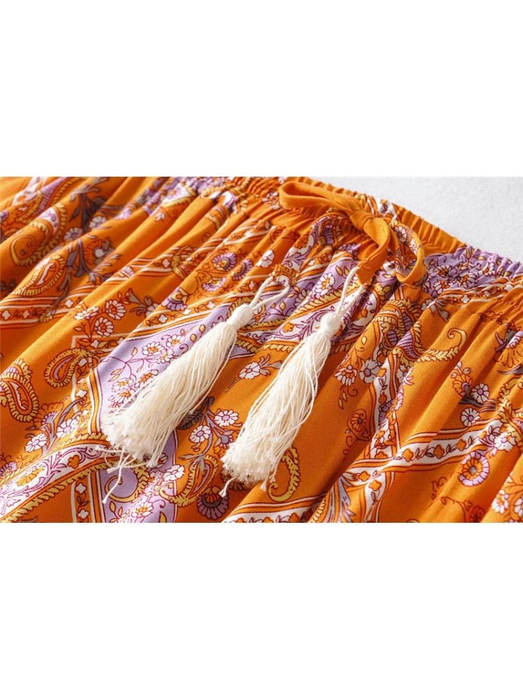 Women's Hippie High Waisted Skirt | Floral Orange | S-L