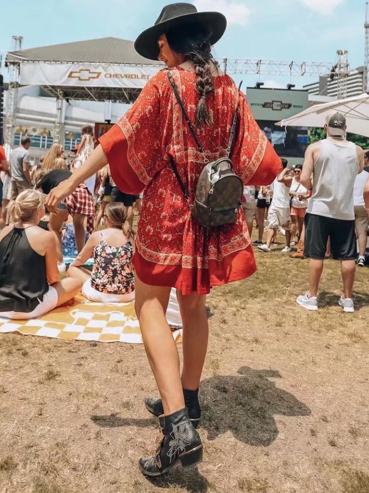 Women's Red Floral Bohemian Mini Dress | O-Neck + Batwing Sleeves | S-L