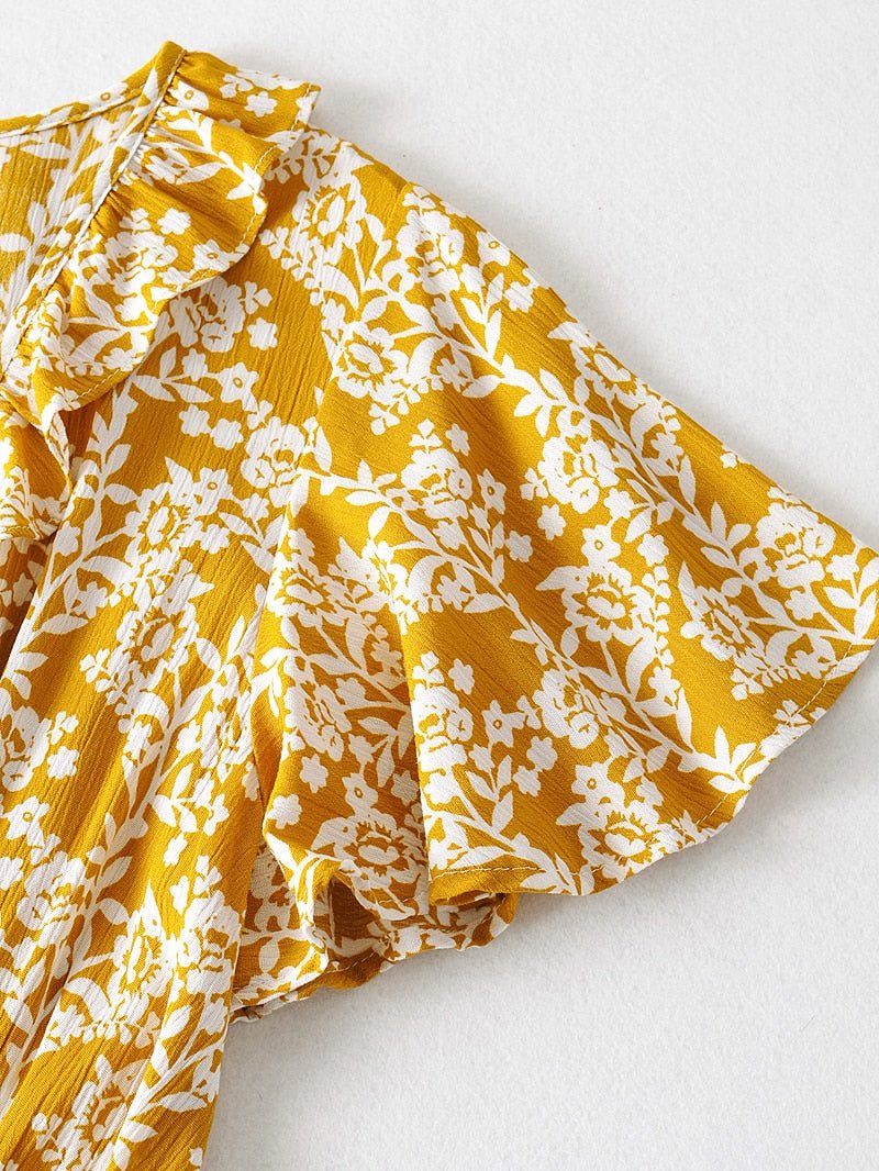 Women's Full Length Yellow Floral Printed Boho Jumpsuit | Short Sleeve + V-neck | S-L