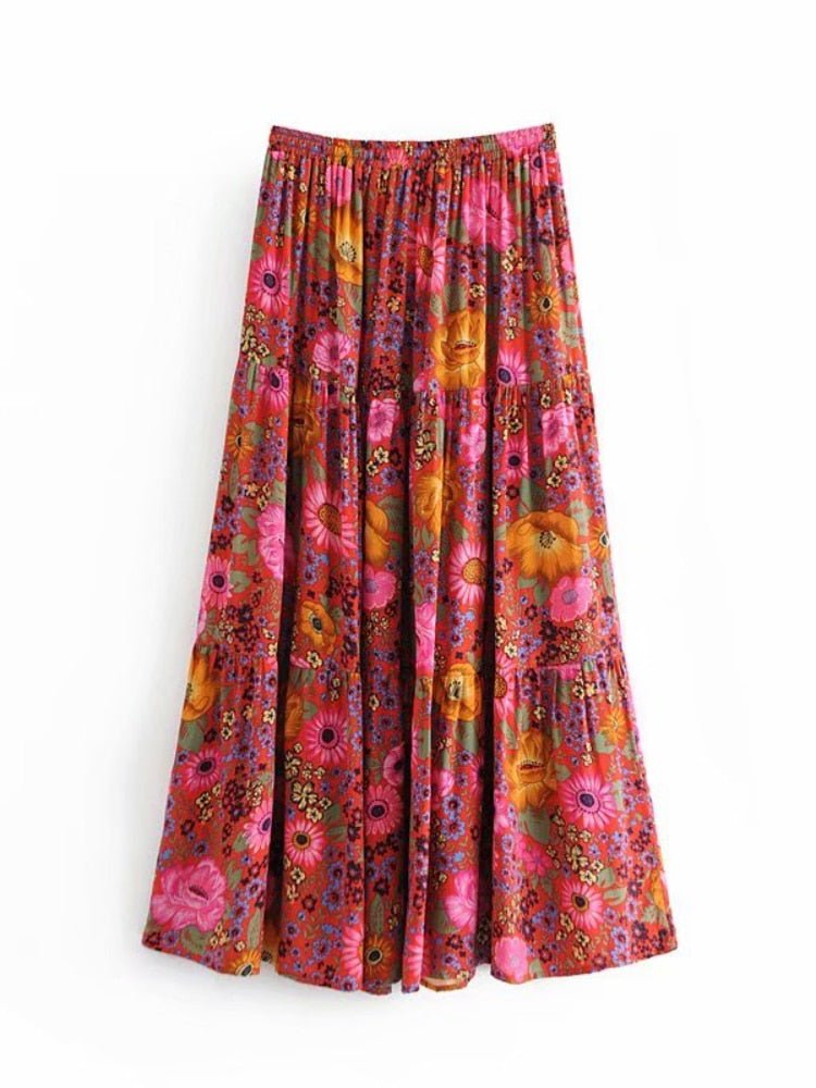 Women's Bohemian Styled Pink Flower Long Skirt | S-L
