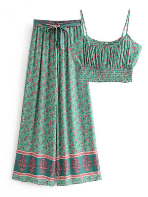 Women's Vintage Green Floral Two Piece Set | Strapless Tops + Bohemian Pants | S-L
