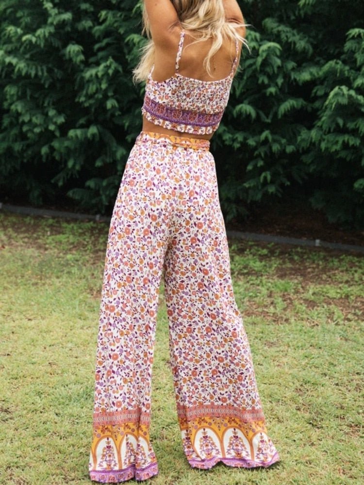 Women's 60's Flower Child Two Piece Outfit | Sleeveless Top + Bohemian Pants | S-L