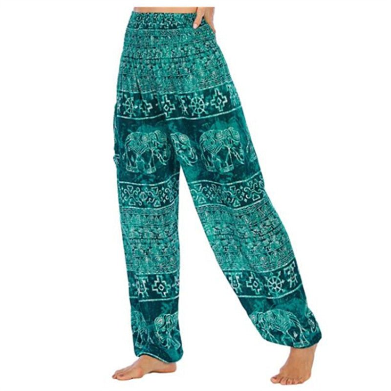 Women's Hippie Yoga Pants | Green Thai Elephant Design | Free Size