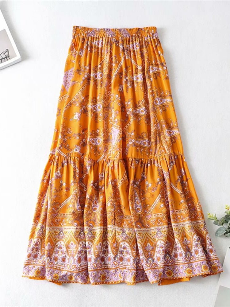 Women's Hippie High Waisted Skirt | Floral Orange | S-L
